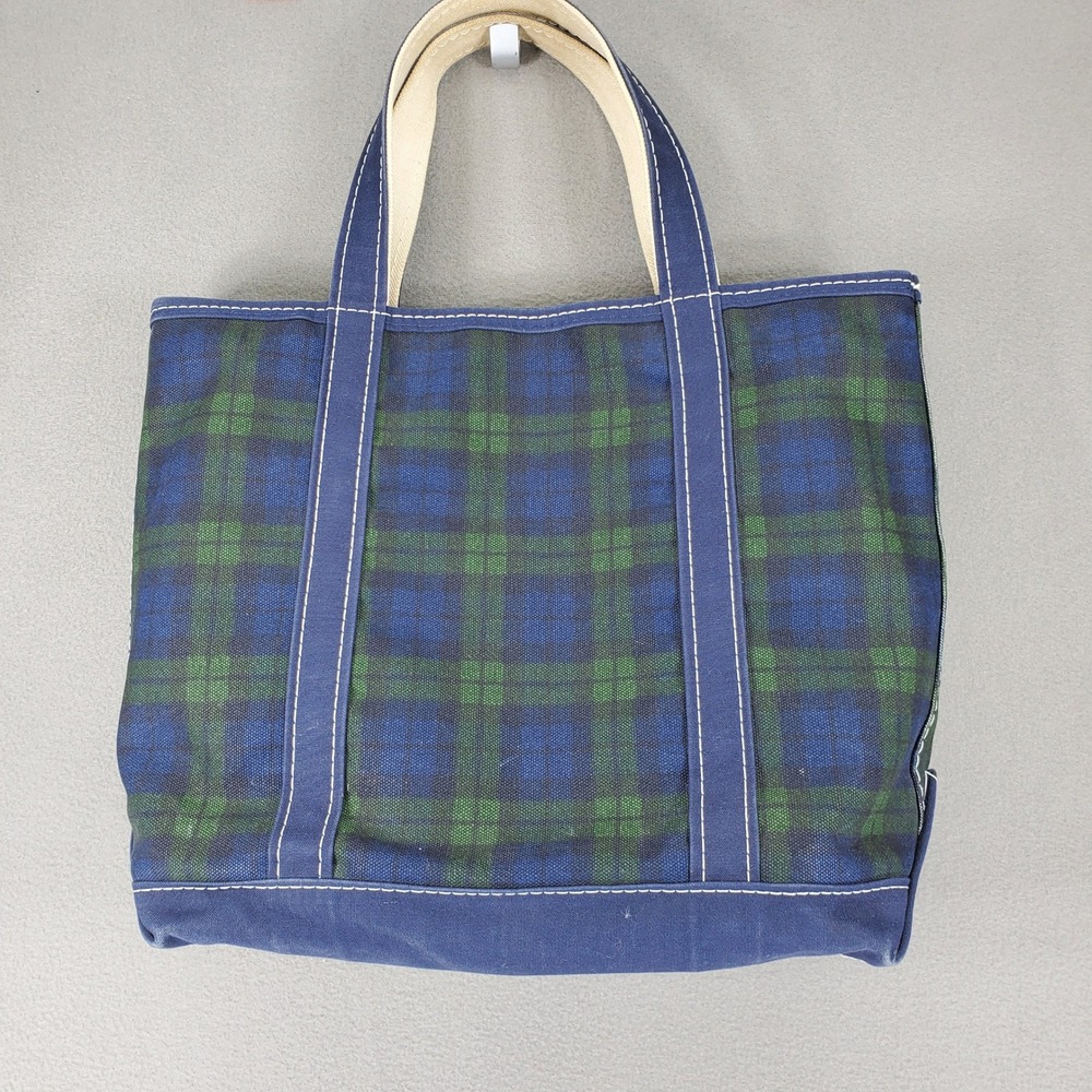 LL Bean Boat and Tote Blue Green Black Watch Plaid Canvas Zip Top Bag USA Tartan